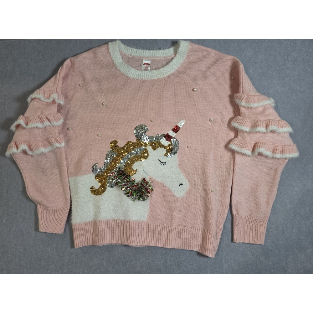 Pink Women's Sequined Ugly Unicorn Christmas Holiday Sweater XL Fuzzy